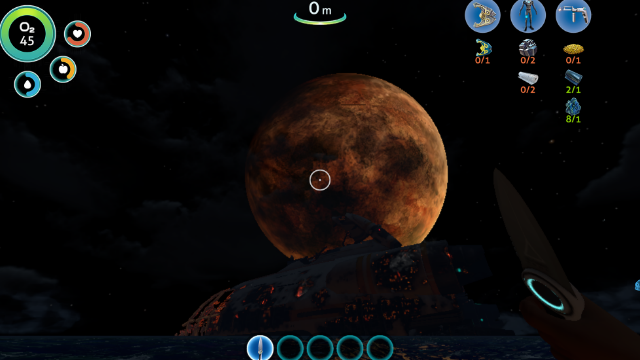 Screenshot of the wreckage in Subnautica at night. Played using a Razer Kiishi v2.